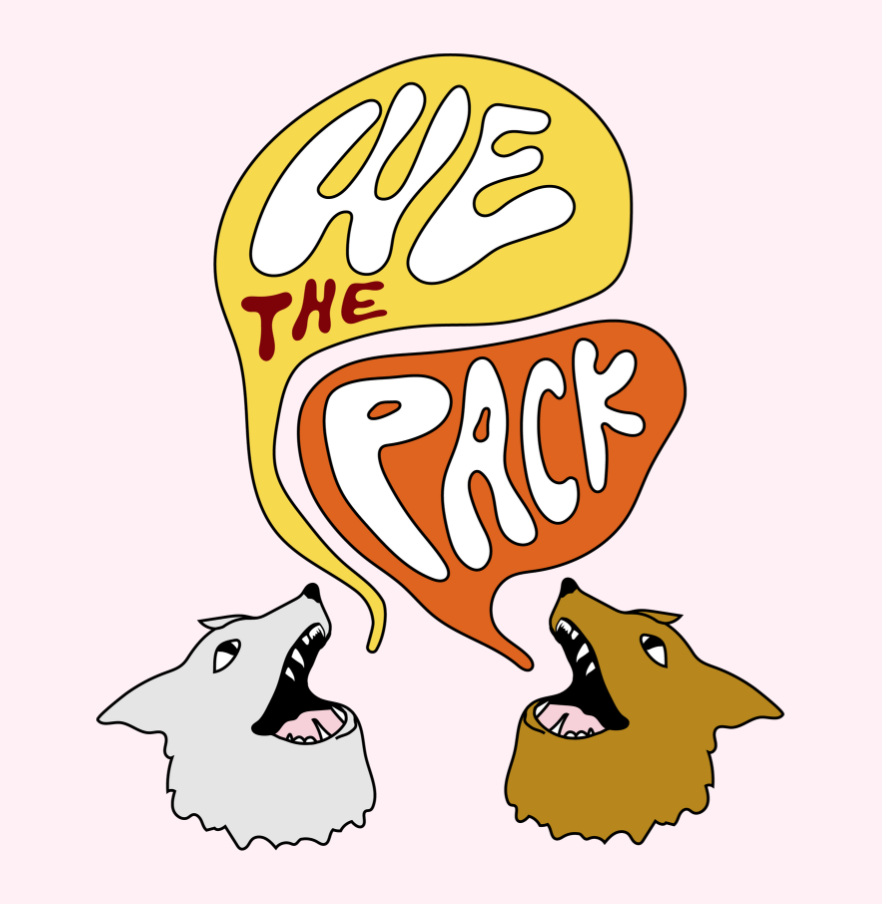 We the pack logo with two wolves talking to each other 